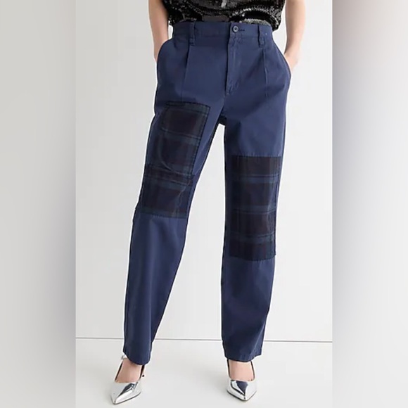 NWT J.Crew Pleated slouchy boyfriend chino pant with plaid patches - Picture 2 of 13